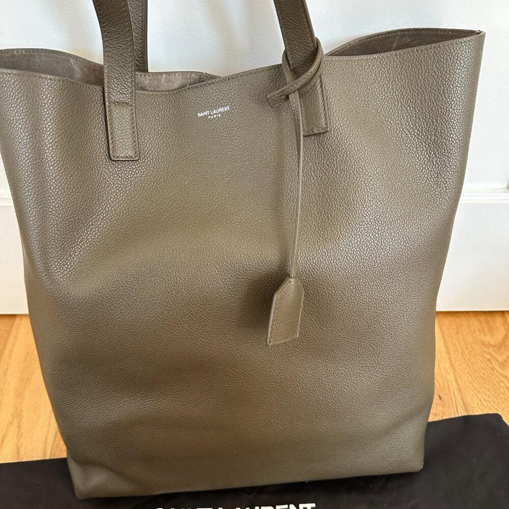 Saint Laurent Bold Shopping Bag With Zipped Pouch Leather Khaki Purse - Picture 5 of 16